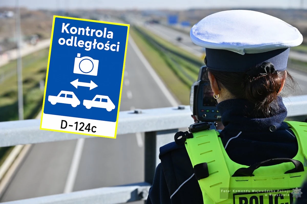 Dziś kontrole odległości prowadzone są przez policję z wiaduktów. Nowy znak mógłby być początkiem systemowej zmiany Policjantka w czapce i kamizelce odblaskowej prowadzi pomiar odległości między pojazdami na autostradzie za pomocą specjalistycznego urządzenia, obok znak informujący o kontroli odległości D-124c.