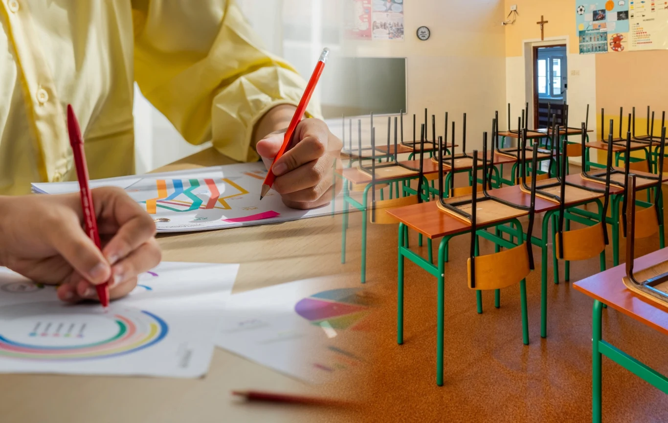 Badanie pokazuje, czego Polacy wymagają od szkoły Osoba rysująca wykresy kolorowymi długopisami przy biurku i pusta klasa z krzesłami na ławkach.