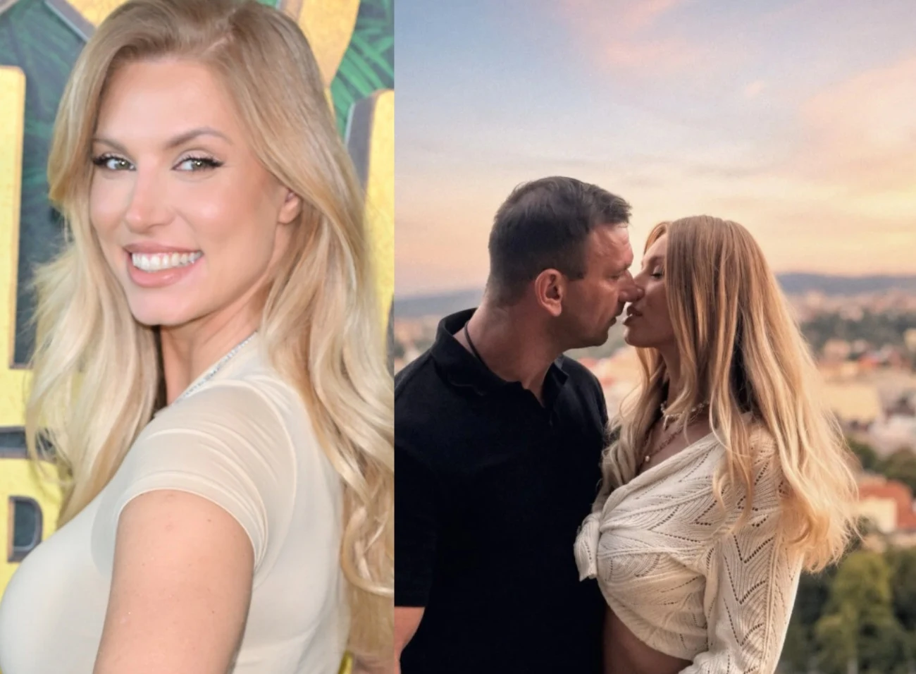 Karolina Pajączkowska pochwaliła się romantycznym zdjęciem z partnerem/Instagram:@karolina_pajaczkowska Uśmiechnięta kobieta o długich blond włosach oraz para całująca się na tle panoramy miasta o zachodzie słońca.