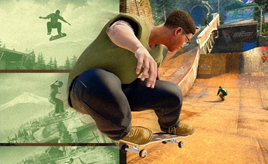skate. Mężczyzna w zielonej koszulce wykonuje trick na deskorolce na rampie, w tle drugi deskorolkarz i graffiti.