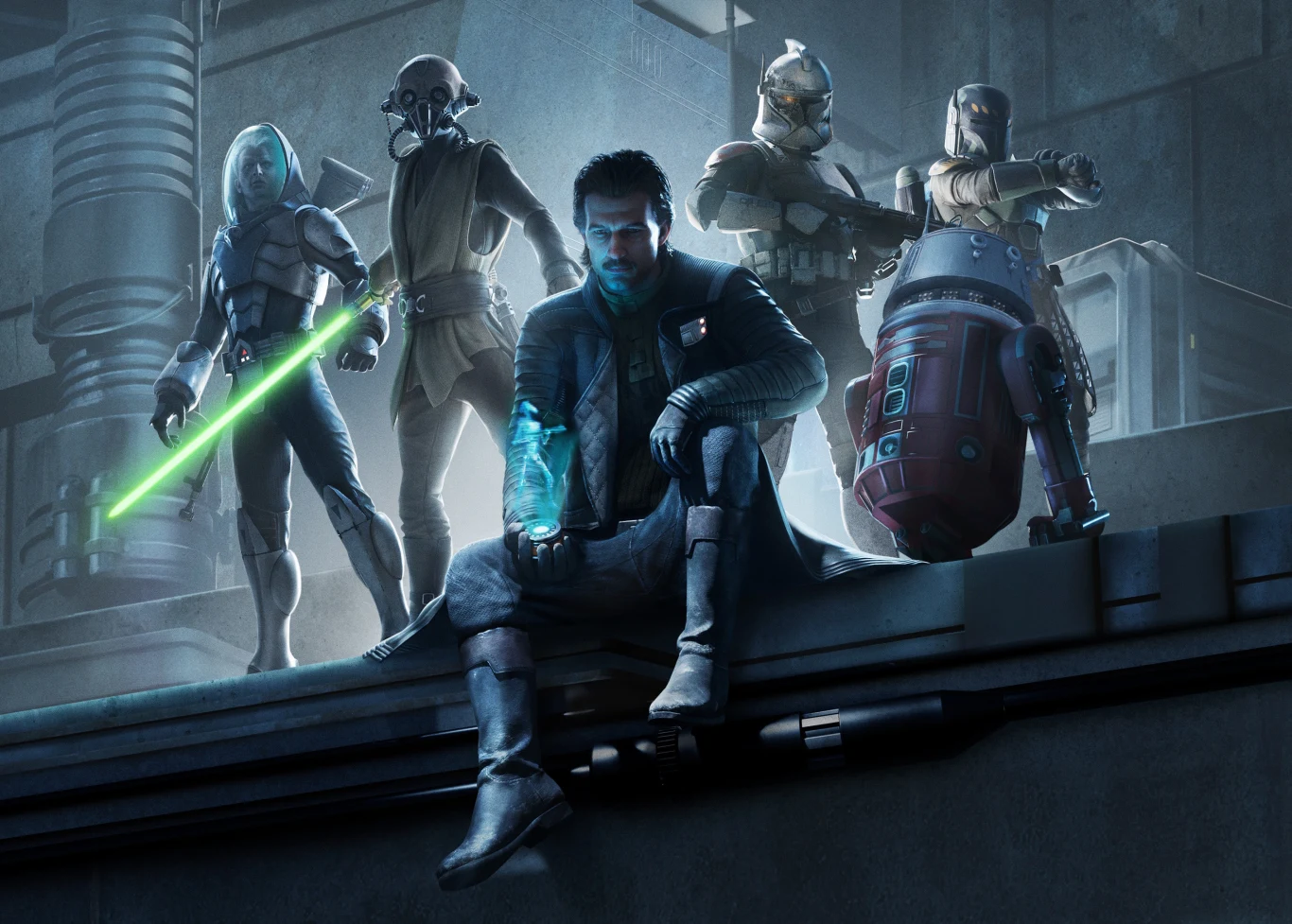 Star Wars: Zero Company Postać z hologramem na murze, za nim pięć osób w futurystycznych strojach, w tym dwie droidy i jedna z zielonym mieczem świetlnym.