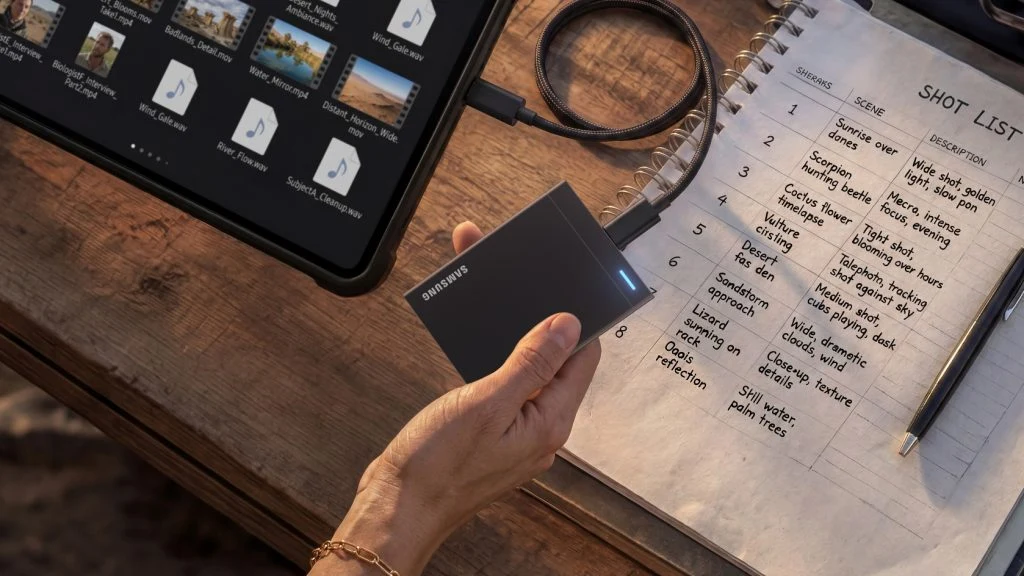 Samsung SSD P9 Tablet z otwartą galerią zdjęć, zewnętrzny dysk SSD marki Samsung trzymany w dłoni oraz notatnik z czytelną listą ujęć leżące na drewnianym stole.