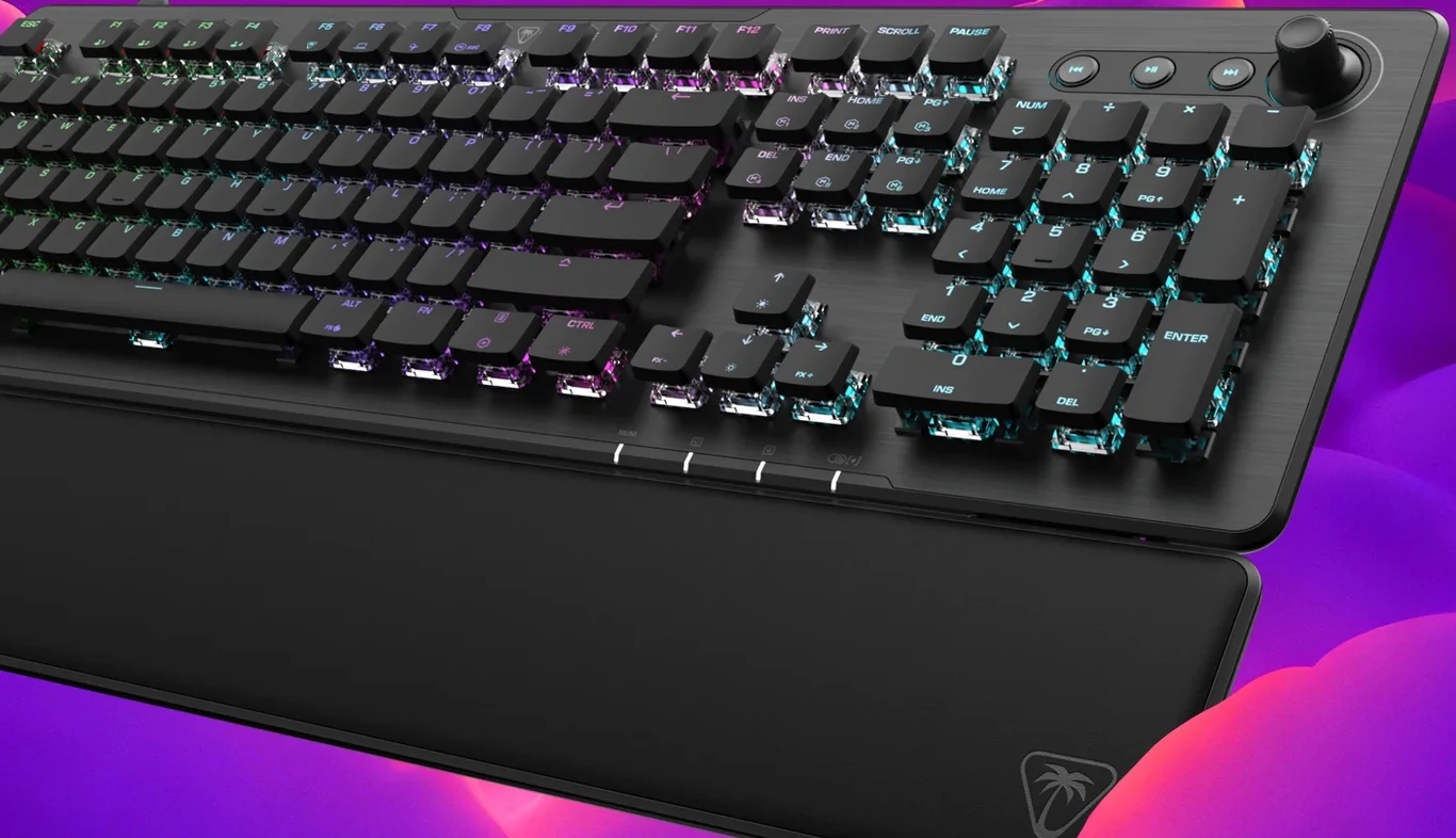 Turtle Beach Vulcan II XP Klawiatura mechaniczna Turtle Beach Vulcan II XP z RGB, czarna podpórka, kolorowe podświetlenie na tle różowo-fioletowym.