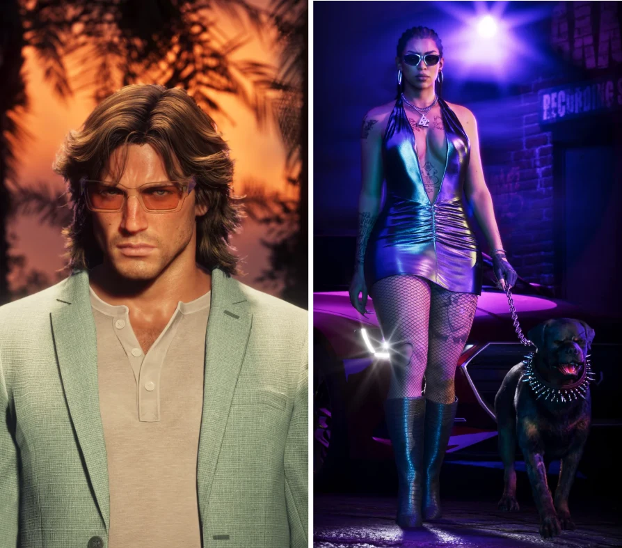GTA 6 / źródło: DAZED Mężczyzna w jasnej marynarce i okularach przeciwsłonecznych oraz kobieta w błyszczącej sukience i wysokich butach prowadząca psa na smyczy, stojąca obok sportowego auta w nocnym, neonowym świetle.
