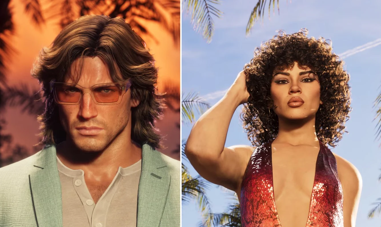 GTA 6 GTA 6. Mężczyzna w jasnej marynarce i okularach oraz kobieta w błyszczącej sukience na tle palm.