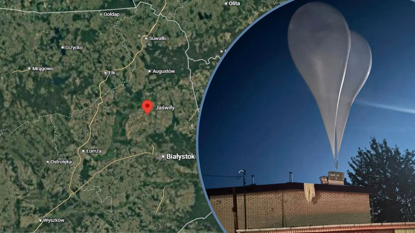 Mieszkańcy Podlasia znaleźli balony Balon nad budynkiem w pobliżu drzew i mapa z lokalizacją Jaświły na Podlasiu.