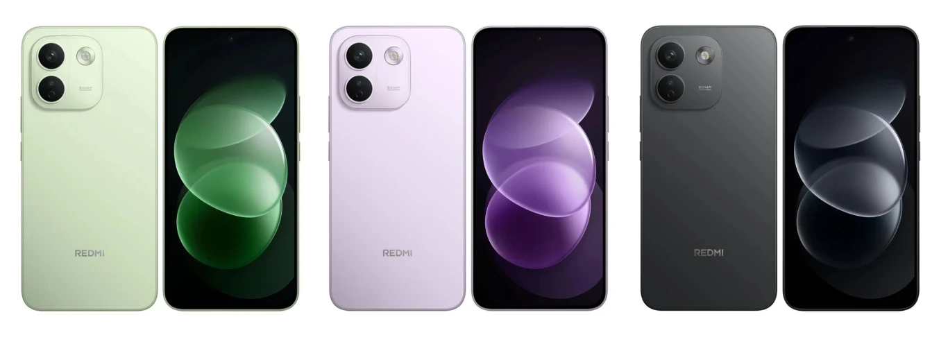 Smartfon Redmi Note 17 Pro Max 5G. Pięć smartfonów marki Redmi w różnych kolorach, ustawionych pionowo – dwa z nich prezentują tył z wyraźnie zaznaczonym modułem dwukamery, trzy pokazują ekran z graficznym motywem okręgów.