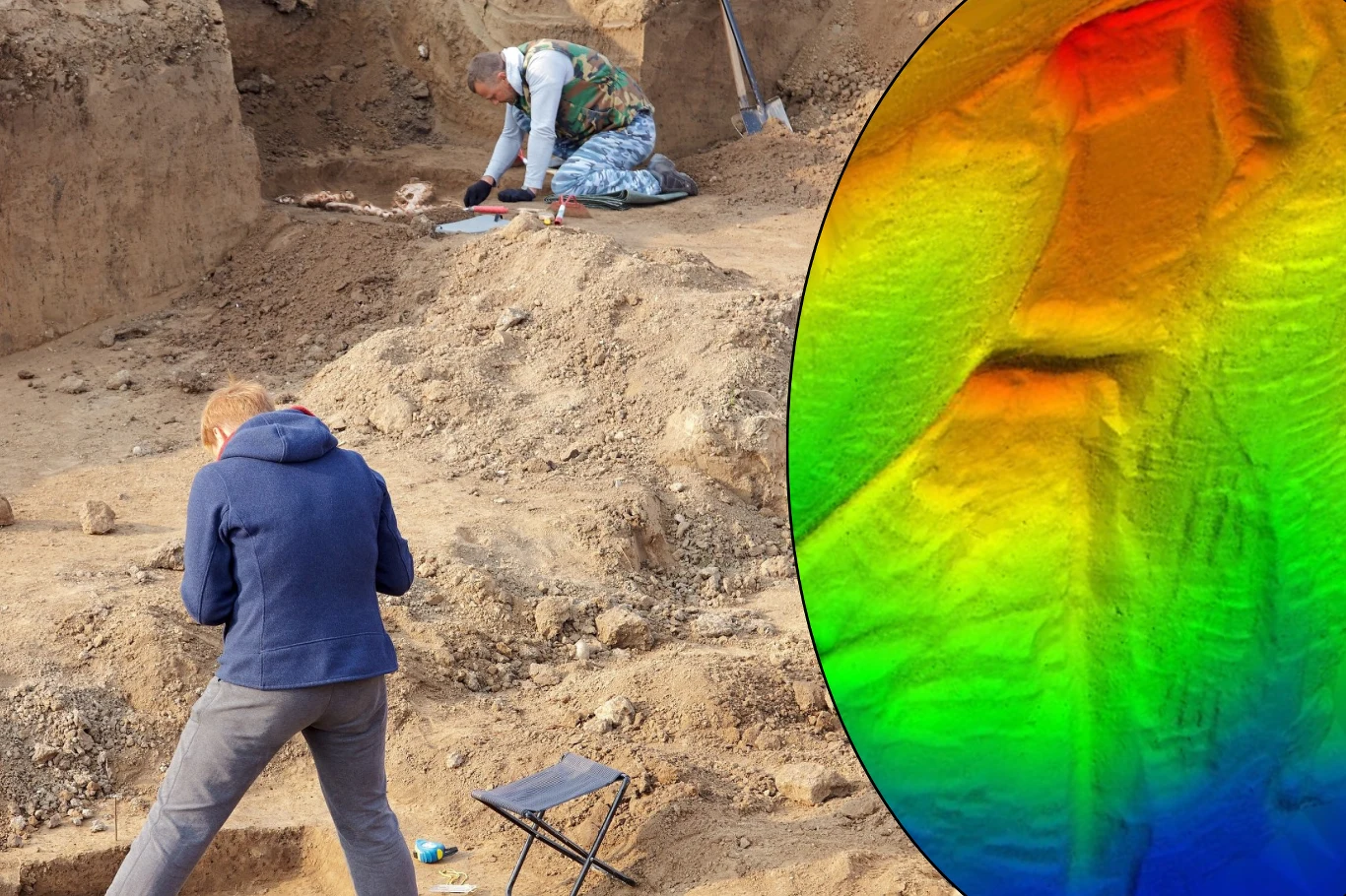 Fortyfikacje okazały się być ok. 300 lat młodsze, niż przypuszczano. Dwóch archeologów pracuje w wykopie na stanowisku, obok model terenu wykonany dzięki pomiarom LiDAR.