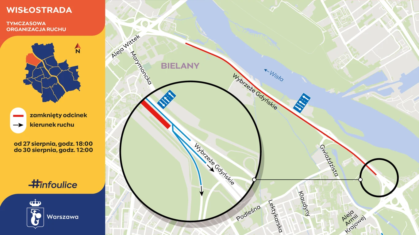 Kierowcy w Warszawie muszą uważać. Dwa ważne remonty naraz | Fot. infoulice.um.warszawa Mapa tymczasowej organizacji ruchu na Wisłostradzie w dzielnicy Bielany z zaznaczeniem zamkniętego odcinka w kierunku północnym oraz szczegółowym powiększeniem fragmentu objętego zmianami, przedstawiająca daty i godziny obowiązywania utrudnień.