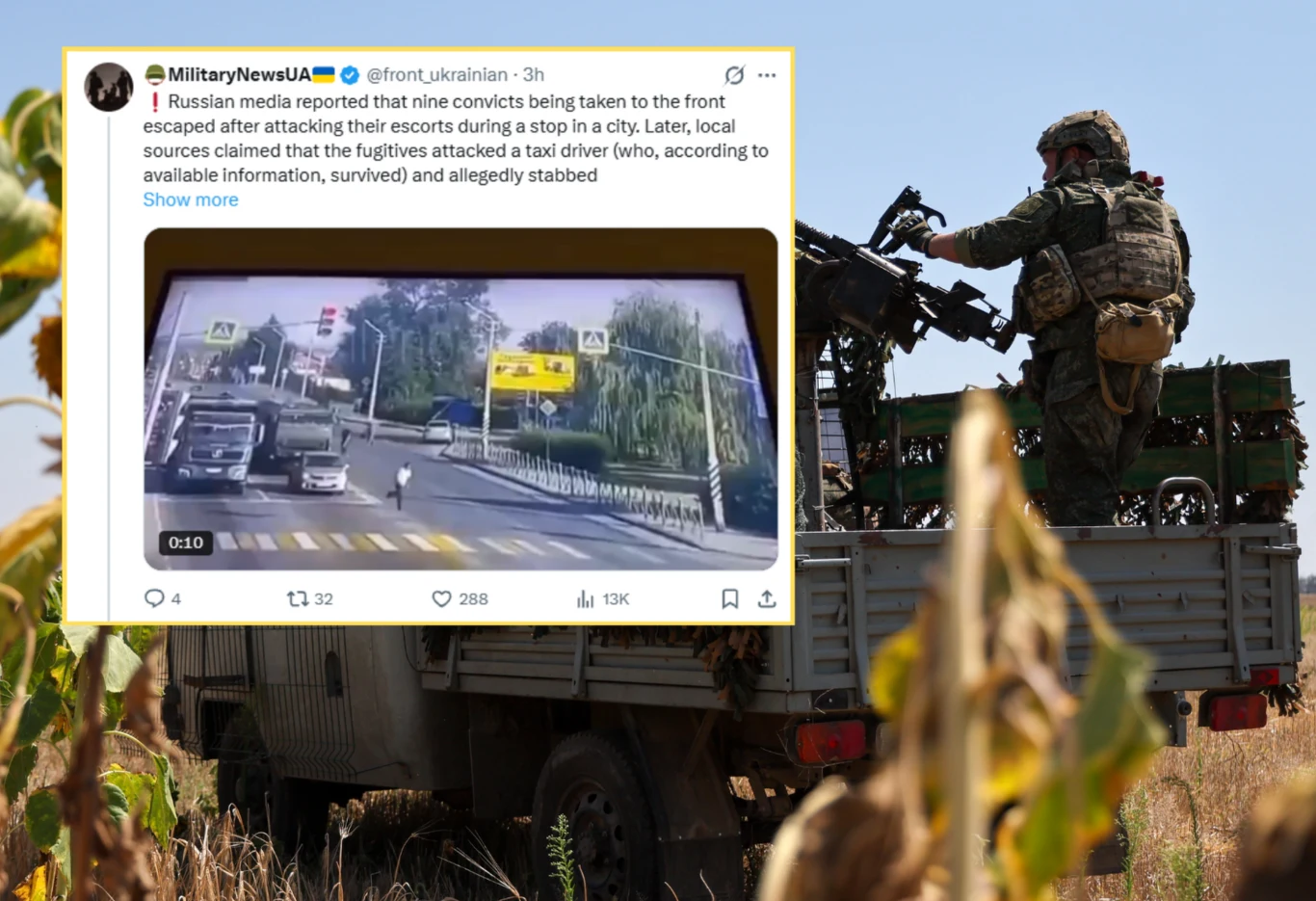 Spektakularna ucieczka Rosjan, nie chcieli jechać na front Żołnierz w mundurze z bronią na skrzyni ciężarówki, obok zrzut z mediów z informacją o ucieczce skazańców.