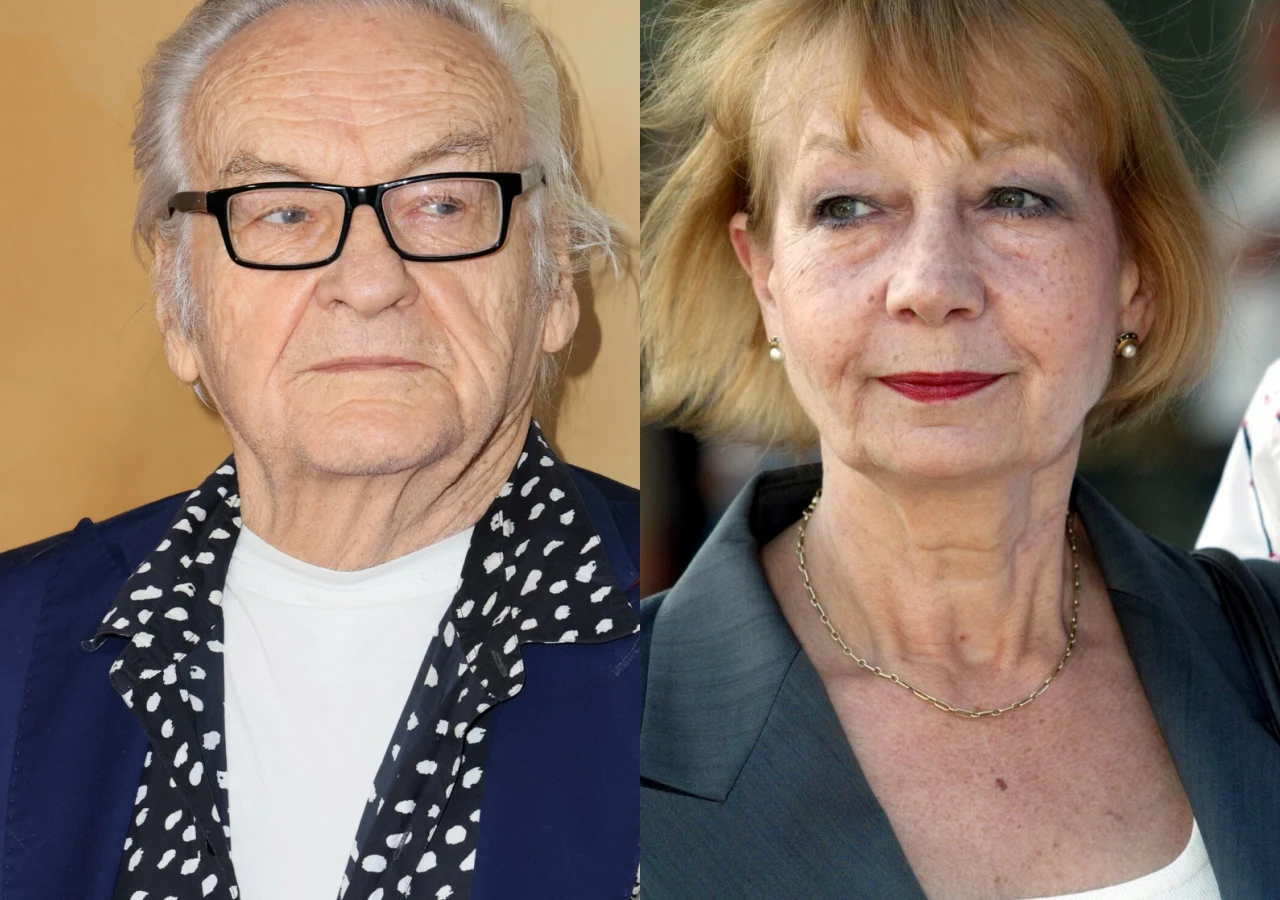 Jerzy Skolimowski, Elżbieta Czyżewska Jerzy Skolimowski w koszuli w kropki i marynarce oraz Elżbieta Czyżewska w szarej marynarce na zestawieniu zdjęć.