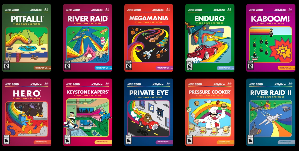 Zestaw kolorowych okładek oryginalnych gier na Atari 2600 wydanych przez Activision, każda z charakterystyczną, dynamiczną ilustracją prezentującą bohatera lub akcję z danej gry, wyraźnie widocznymi tytułami oraz utrzymanym spójnym stylem graficznym la...
