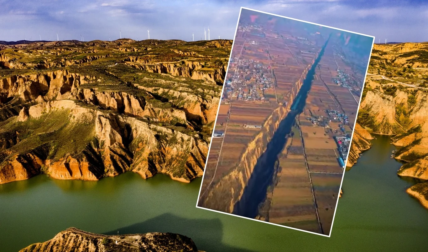 Dolina Pinglu rozrywa kontynent. W tle geopark w prowincji Shaanxi, tej samej, gdzie jest malowniczy ryft Dolina Pinglu z widocznym ryftem, urwiskami na tle wzgórz prowincji Shaanxi