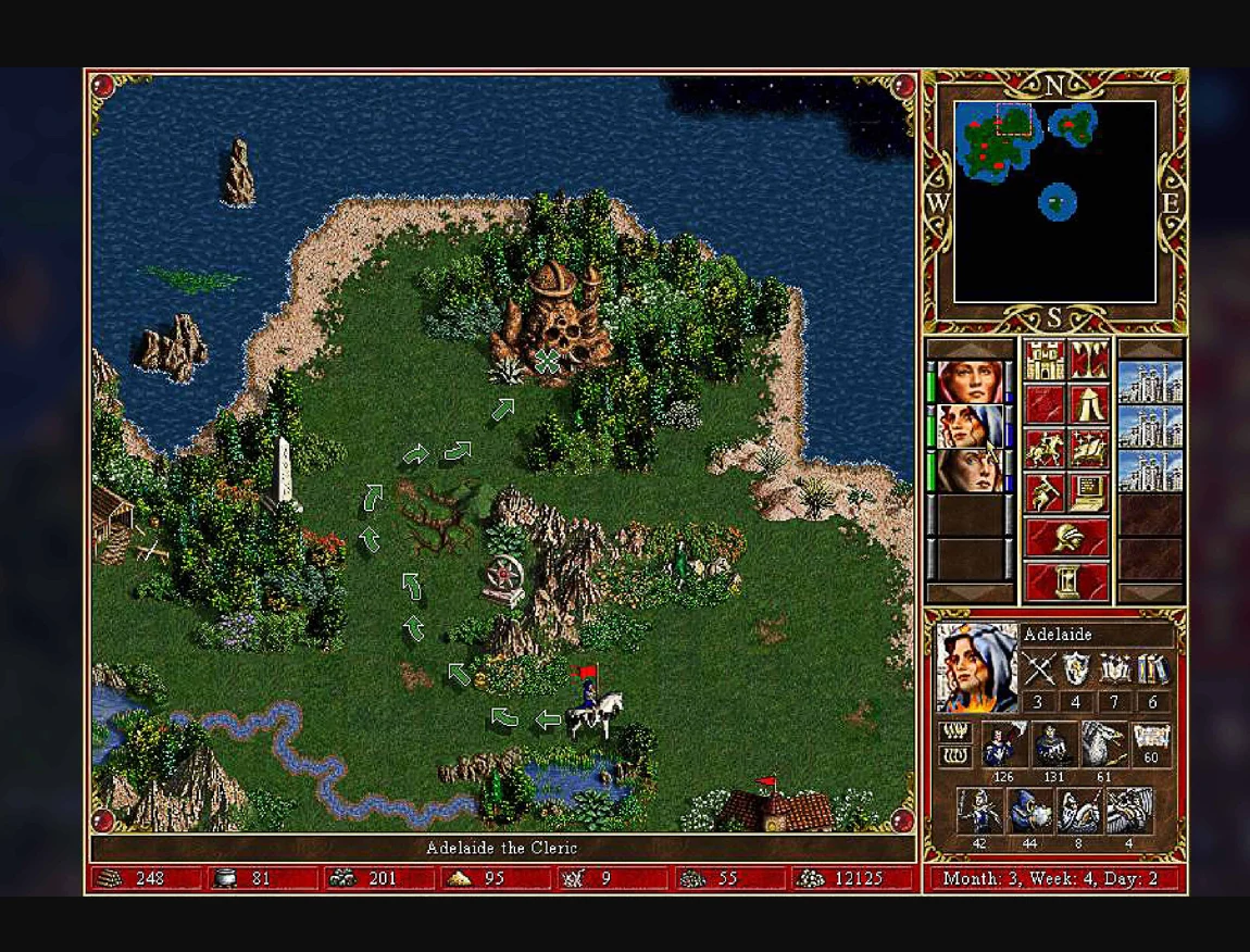 Heroes of Might and Magic III Ekran gry Heroes of Might and Magic III z bohaterem na białym koniu na zielonej wyspie, artefaktami i ikonami.