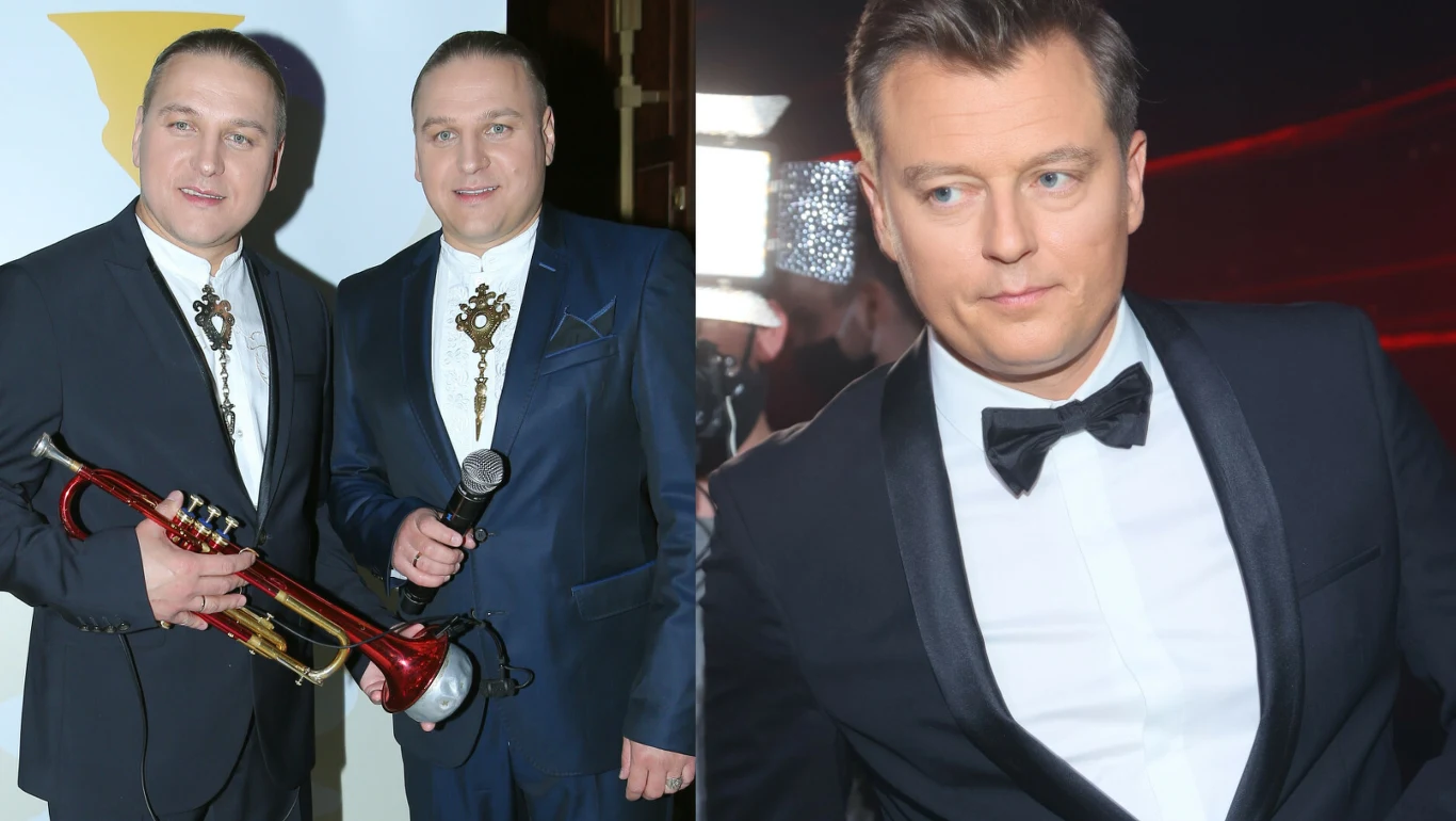 Paweł Golec, Łukasz Golec i Rafał Brzozowski Rafał Brzozowski w smokingu obok Pawła i Łukasza Golców w garniturach.