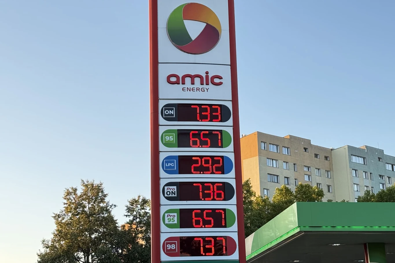 Pylon stacji paliw Amic Energy z wyświetlonymi cenami paliw: ON 7,33 zł, Pb95 6,57 zł, LPG 2,92 zł, Verva ON 7,36 zł, Verva 95 6,57 zł, Pb98 7,37 zł; w tle fragment bloku mieszkalnego i drzewa.
