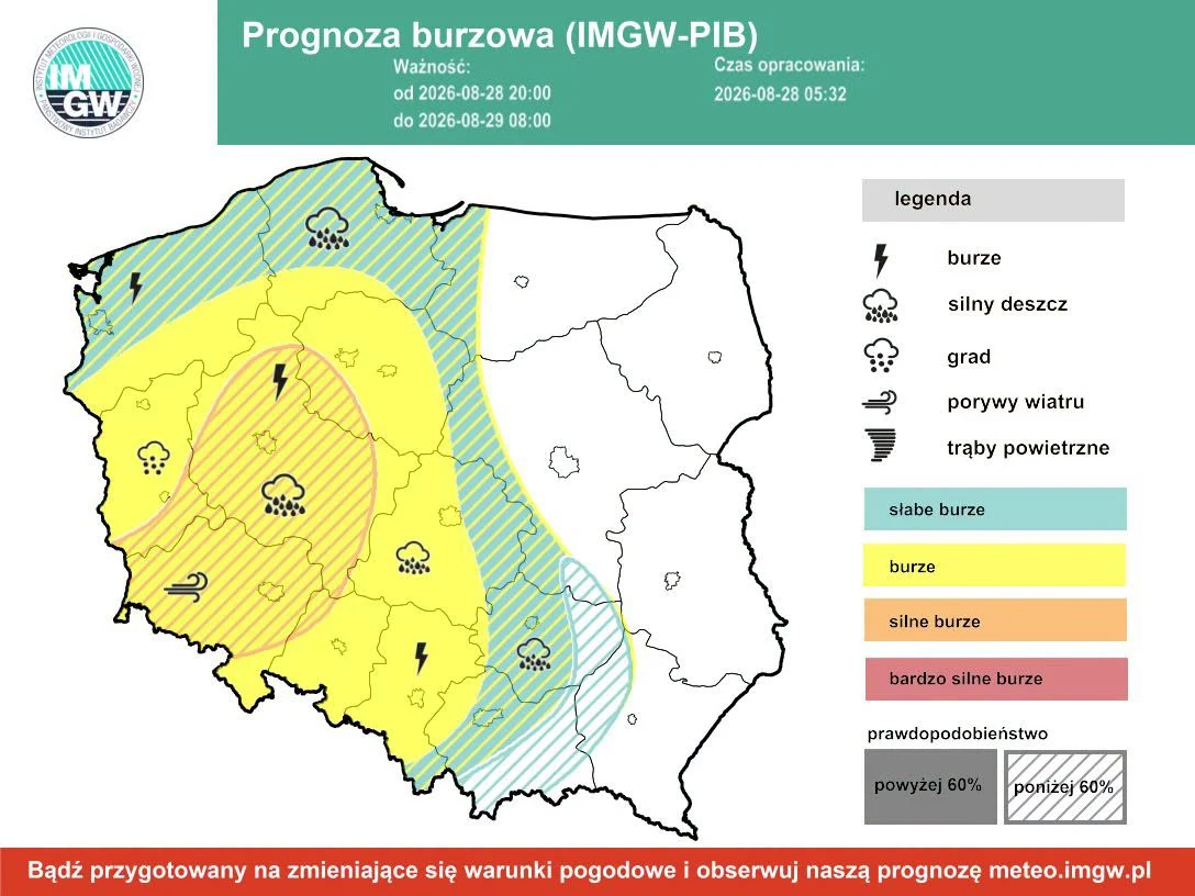 Mapa Polski z prognozą burzową wyróżniającą żółtym kolorem obszary o podwyższonym ryzyku burz, obejmujące południowo-zachodnią i centralną część kraju, gdzie przewidywane są burze, silny deszcz oraz możliwy grad i porywisty wiatr.