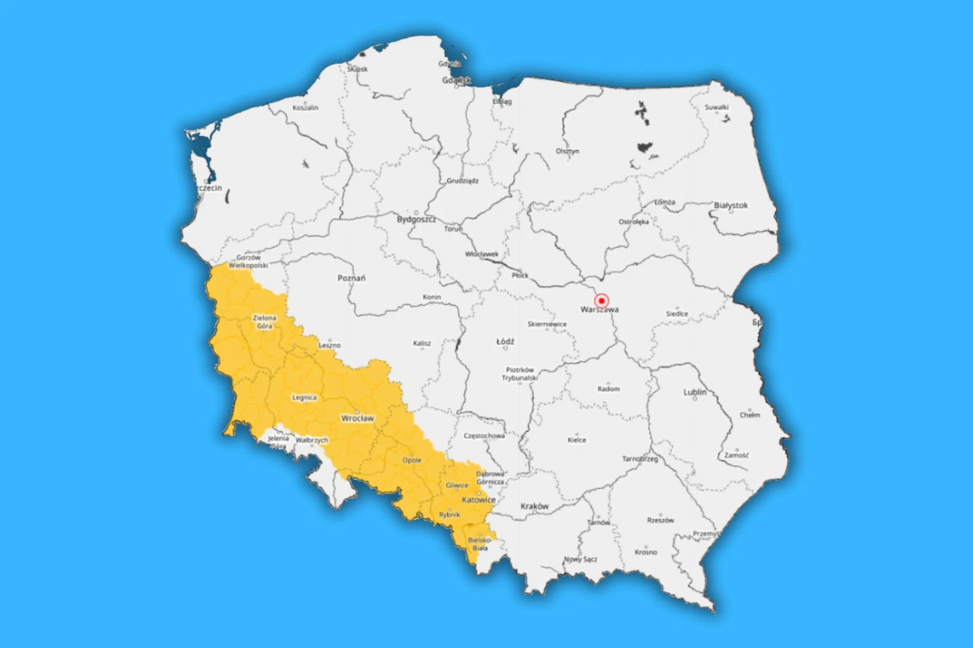 Południowo-zachodnia część Polski oznaczona kolorem żółtym, obejmująca województwa dolnośląskie, opolskie i lubuskie, na tle białej mapy kraju z zaznaczonymi granicami administracyjnymi oraz Warszawą oznaczoną czerwoną kropką.