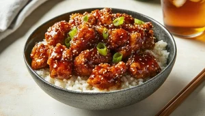 Soczyste kawałki kurczaka po koreańsku w smakowitym sosie, lunch idealny