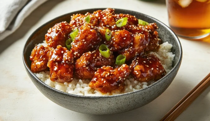 Soczyste kawałki kurczaka po koreańsku w smakowitym sosie, lunch idealny