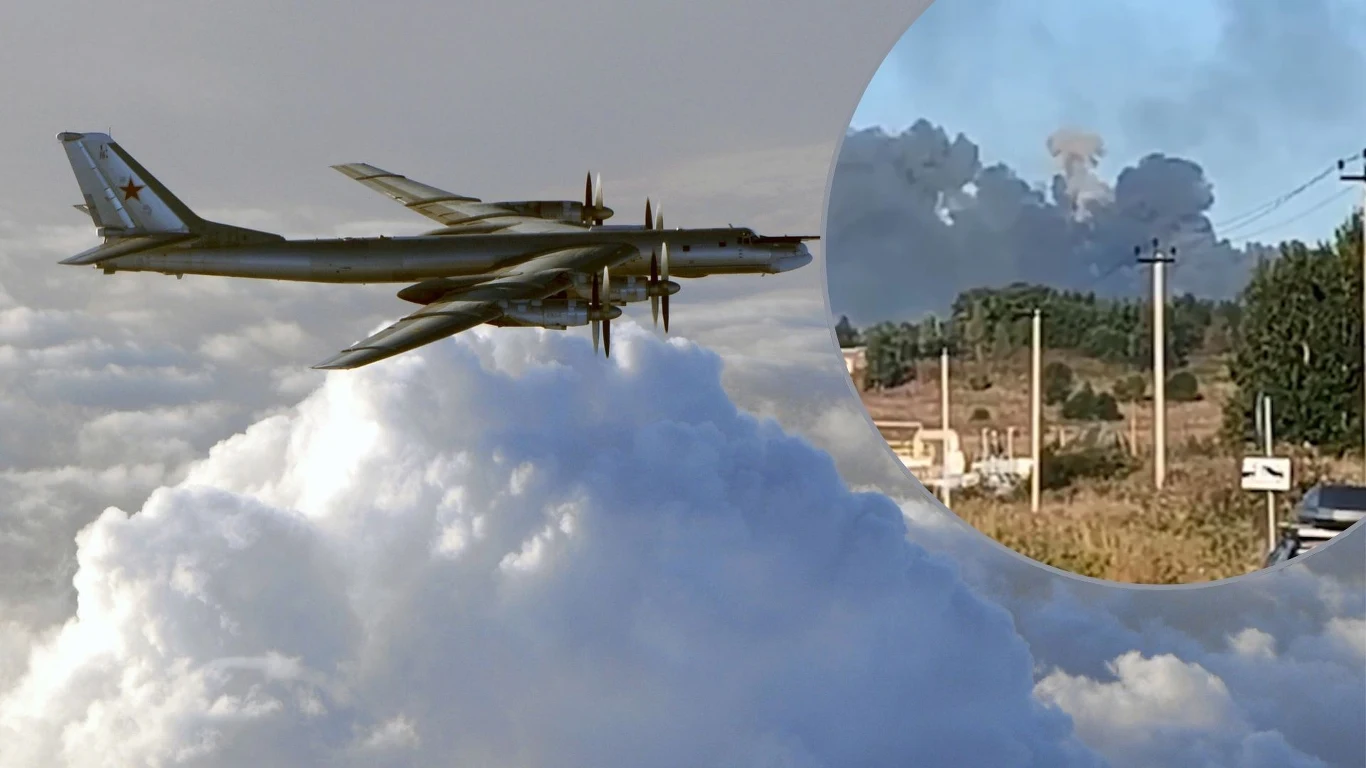 Rosyjski bombowiec Tu-95MS zniszczony. Kłęby dymu nad jedną z rafinerii. Wołodymyr Zełenski donosi o sukcesach Rosyjski bombowiec Tu-95MS nad chmurami, eksplozja i gęsty dym.