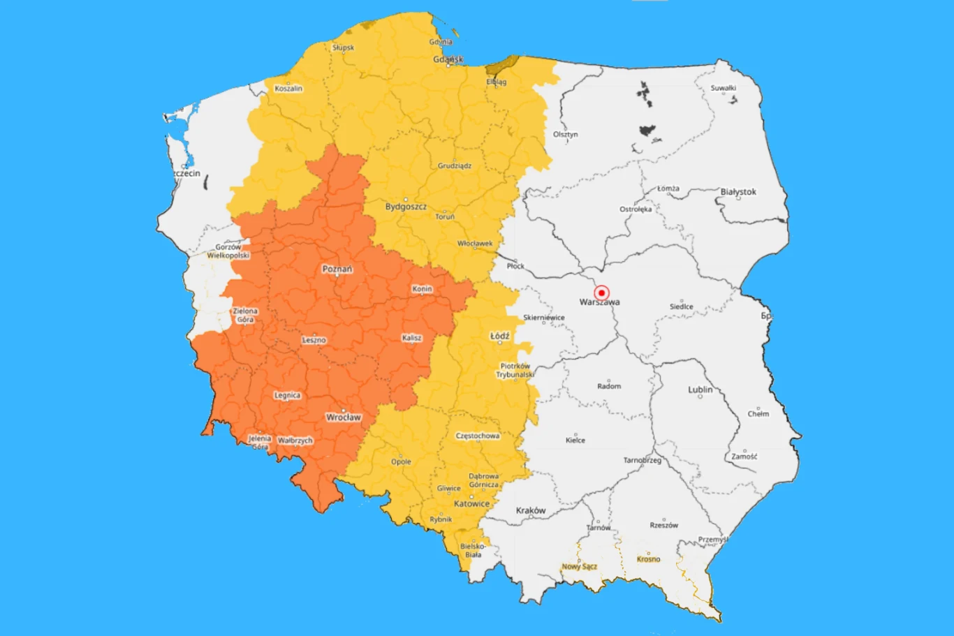 Mapa Polski z zaznaczonymi na pomarańczowo i żółto województwami objętymi ostrzeżeniami meteorologicznymi, obejmującymi zachodnią oraz częściowo centralną i południową część kraju, na tle niebieskim z wyraźnym podziałem administracyjnym.