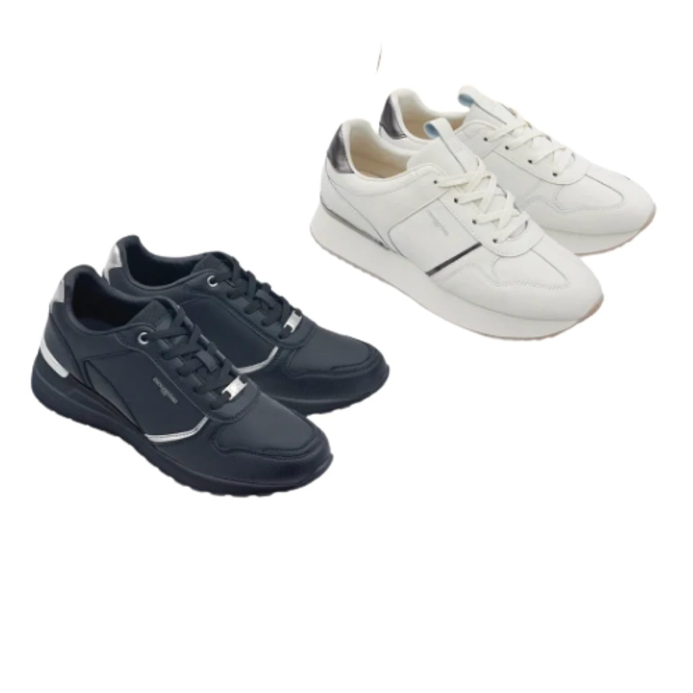 Buty Cholewiński za 119 zł Dwie pary sportowych sneakersów, jedna w kolorze ciemnogranatowym, druga biała, ustawione obok siebie na białym tle.