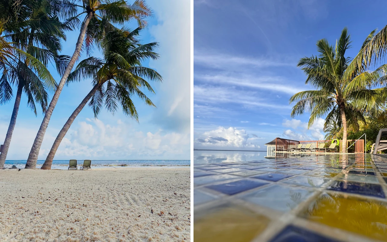Na Malediwach nie da się uciec od instagramowych widoków Plaża z białym piaskiem i leżakami pod grupą palm oraz basen z widokiem na nadmorską palmę, pomost i budynek na wodzie na wyspie Helengeli na Malediwach