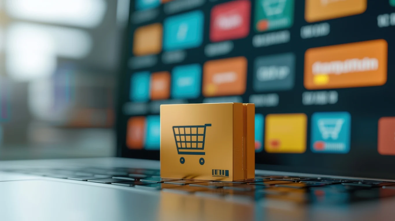 Mała paczka z ikoną koszyka na klawiaturze laptopa, na tle panelu sprzedażowego platformy marketplace