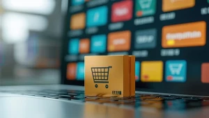 Mała paczka z ikoną koszyka na klawiaturze laptopa, na tle panelu sprzedażowego platformy marketplace