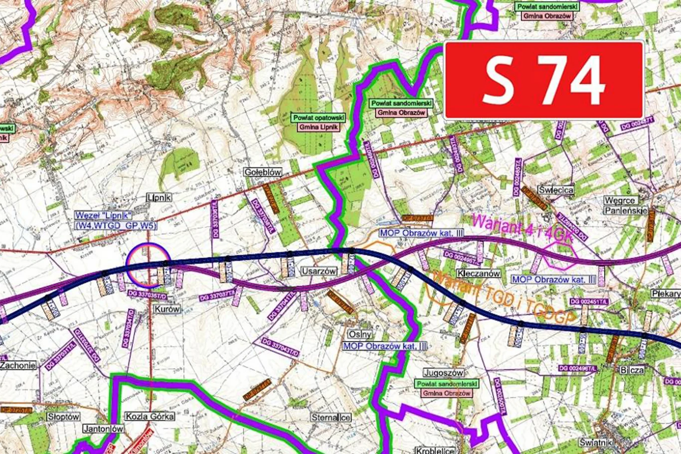 Droga S74 Opatów - Nisko. GDDKiA zleciła dokumentację. Mapa odcinka drogi ekspresowej S74 Opatów-Nisko z wariantami trasy, granicami powiatów i gmin oraz nazwami miejscowości