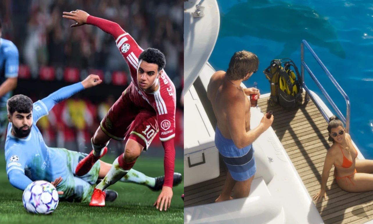 EA Sports FC 27 vs GTA 6 - miażdżące porównanie Dwóch piłkarzy walczy o piłkę na boisku, obok para siedzi przy jachcie na tle morza.