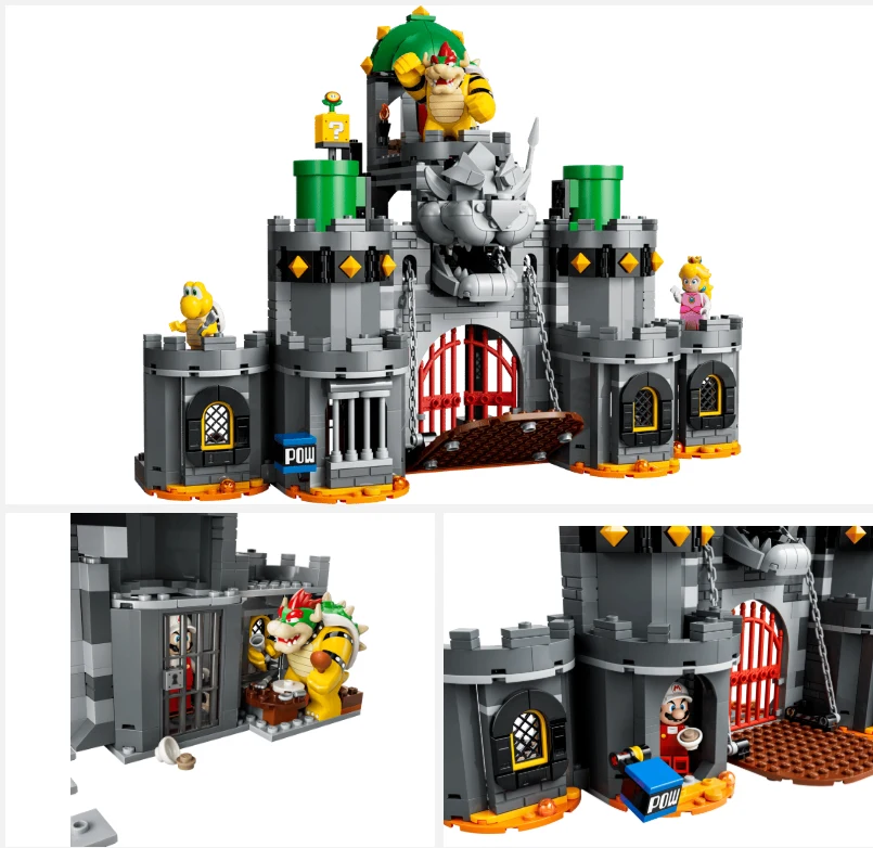 Zamek z klocków LEGO z charakterystycznymi wieżami, czerwoną kratą, figurką Bowsera na górze i innymi postaciami z gry Super Mario, takimi jak Koopa Troopa, Goomba oraz postacią uwięzioną w lochu.