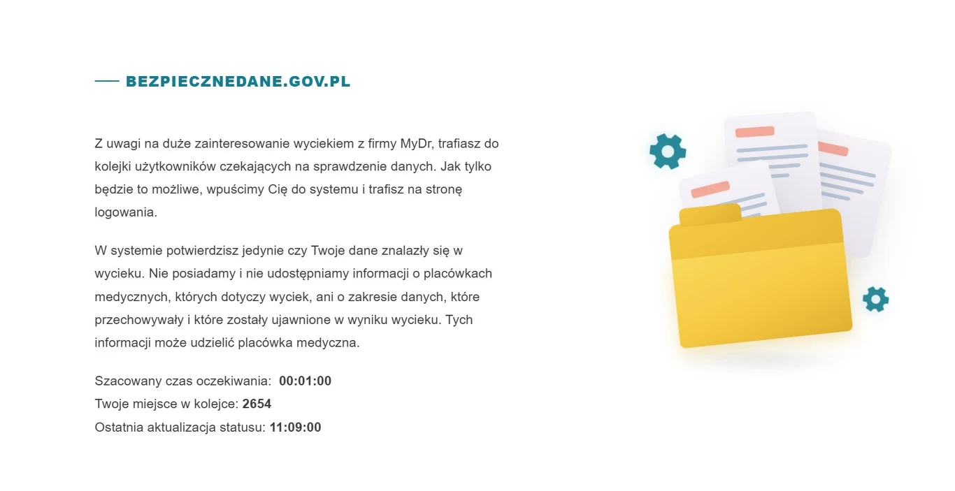 Dane, które wyciekły z firmy MyDr, można sprawdzić na stronie bezpiecznedane.gov.pl Komunikat z serwisu bezpieczne dane gov.pl zawiera informacje o oczekiwaniu na sprawdzenie wycieku danych z firmy MyDr, szacowany czas oczekiwania i miejsce w kolejce, obok ilustracja żółtego folderu z dokumentami i ikonami ustawień.