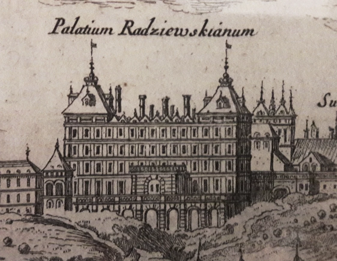 Pałac Kazanowskich na XVII-wiecznej panoramie Warszawy Monumentalny pałac na planie prostokąta z licznymi wieżyczkami, strzelistymi dachami i ozdobnymi kominami, otoczony zabudowaniami oraz murami, nazwany Palatium Radziowskianum.