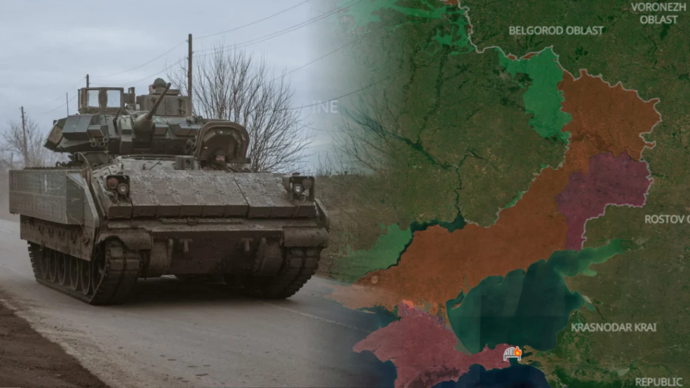 Kreml chce zaanektować cały obwód doniecki i ługański do końca roku Opancerzony pojazd wojskowy na drodze i mapa konfliktu z zaznaczonymi obwodami donieckim i ługańskim.