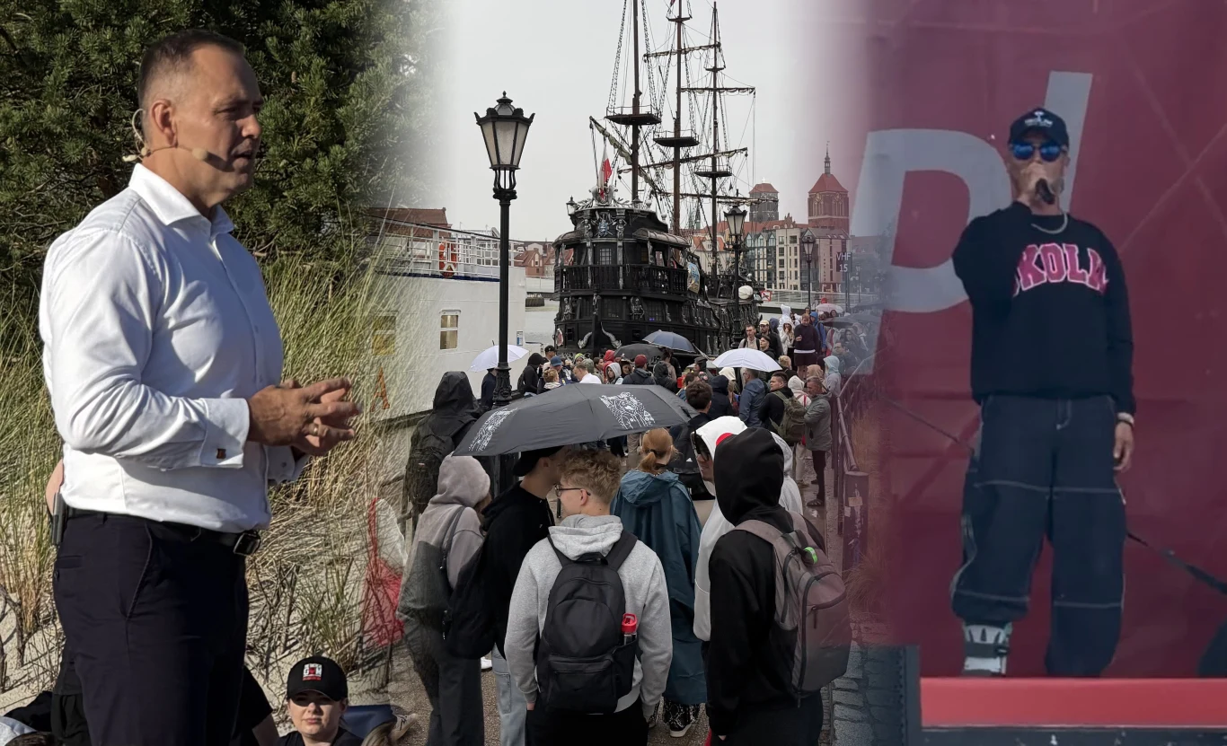 Jurata. Pierwszy dzień wydarzenia "Przyszłość.pl" z udziałem prezydenta Karola Nawrockiego Jurata. Prezydent Karol Nawrocki przemawia, ludzie z parasolami, żaglowiec, Skolim z mikrofonem.