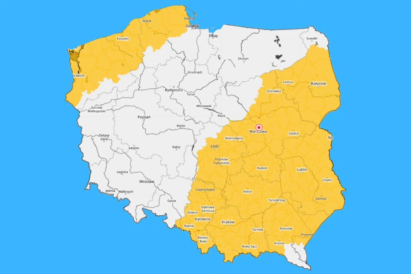 Z powodu burz w poniedziałek alert IMGW pierwszego stopnia obowiązuje w 10 województwach Mapa Polski z zaznaczonymi na żółto wschodnimi i północno-zachodnimi województwami oraz centralnie oznaczoną Warszawą.