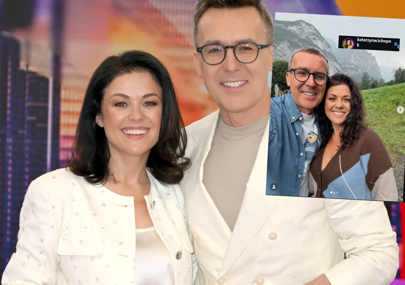 Katarzyna Cichopek i Maciej Kurzajewski ogłosili "nowy rozdział" /https://www.instagram.com/katarzynacichopek/ Uśmiechnięta para w jasnych ubraniach stoi razem na tle kolorowych świateł, w prawym górnym rogu widoczne jest wklejone zdjęcie tej samej pary podczas wycieczki w górach.