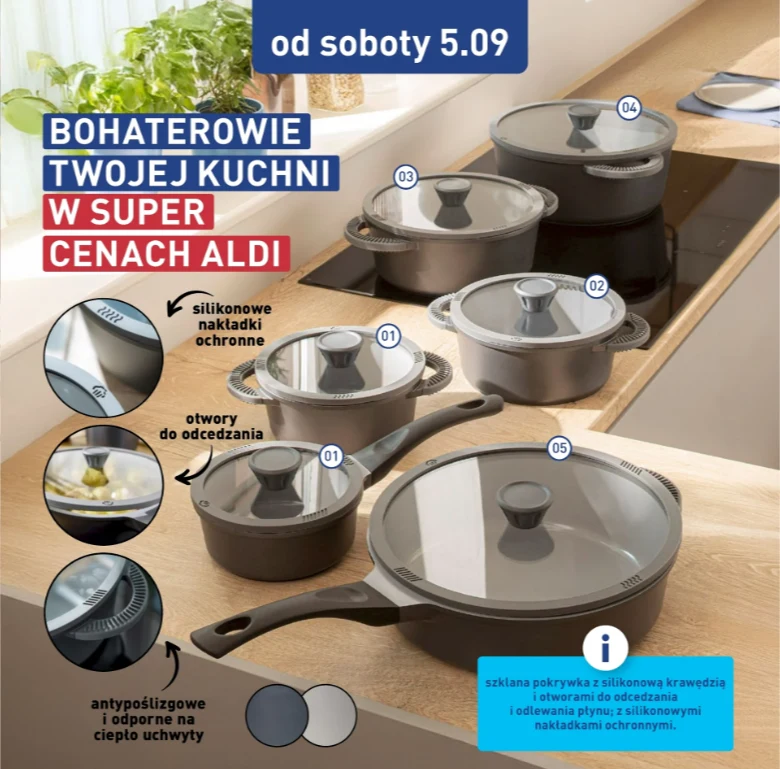 Garnki Grofton od 49,99 zł w sprzedaży od soboty 5.09. w Aldi Zestaw pięciu garnków i patelni z szklanymi pokrywkami wyposażonymi w silikonowe krawędzie oraz otwory do odcedzania, ustawionych na kuchence indukcyjnej, z widocznymi antypoślizgowymi, odpornymi na ciepło uchwytami.