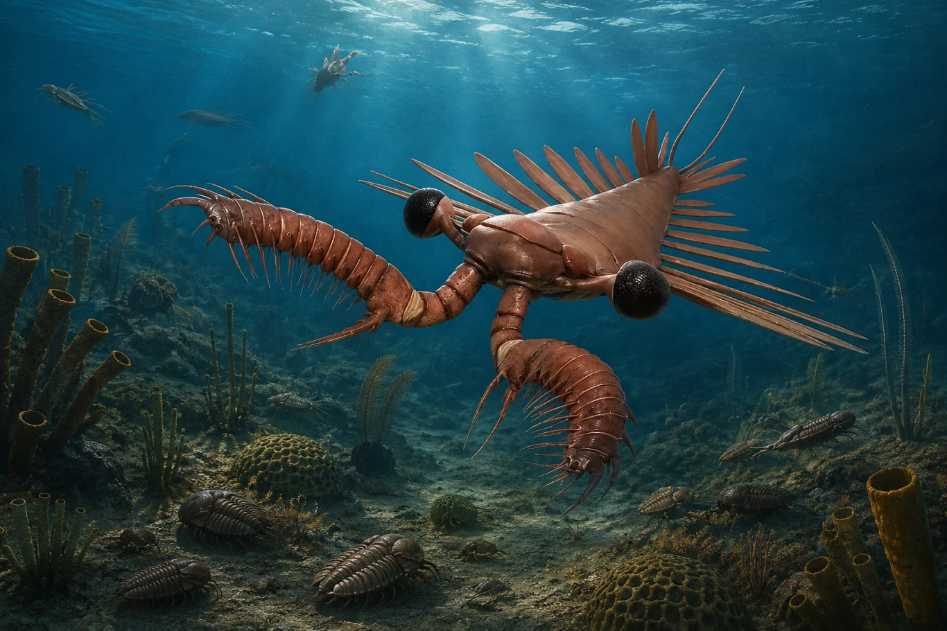 Amplectobelua była drapieżnikiem epoki kambru. Nie było wtedy bezpiecznie Amplectobelua z segmentowanym ciałem i pancerzem wśród trylobitów na dnie kambryjskiego oceanu.