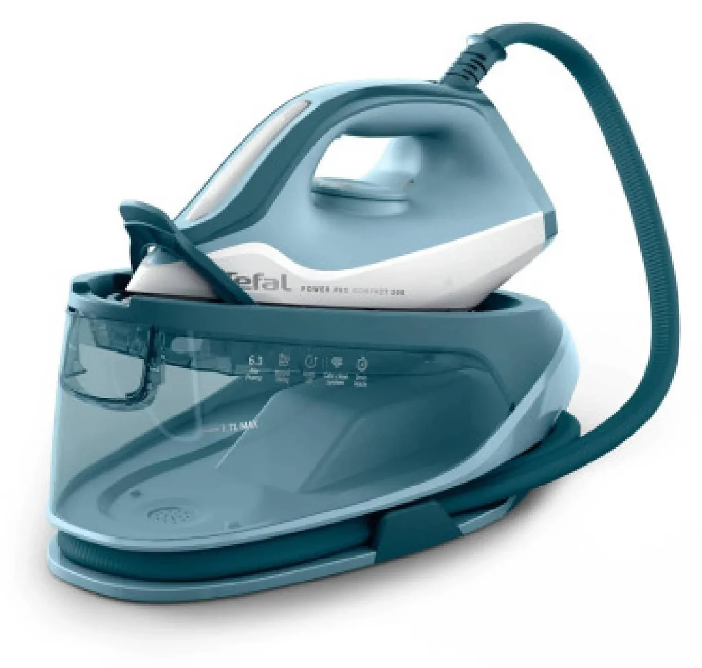 Generator pary Tefal Express Easy SV6212E0 za 299 zł Prasowalnica parowa Tefal w niebiesko-białej obudowie z dużym zbiornikiem na wodę i podłączonym przewodem parowym.
