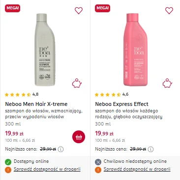Szampony już za 19,99 zł Dwie butelki szamponów marki Neboa, każda o pojemności 300 ml, wraz z cenami, ocenami gwiazdkowymi oraz informacją o dostępności produktów online i w drogerii.