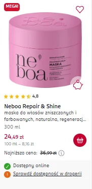Przy maskach różnice są są też widoczne Różowy słoik maski do włosów Neboa Repair & Shine o pojemności 300 ml, ocena 4,8 gwiazdki, atrakcyjna cena promocyjna oraz informacja o dostępności online i w drogerii.