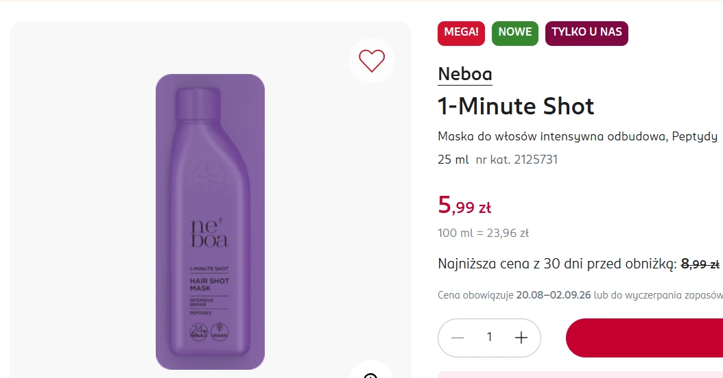 Neboa 1-Minute Shot Fioletowa butelka maski do włosów Neboa 1-Minute Shot o pojemności 25 ml, wraz z ceną promocyjną 5,99 zł i informacją o obniżce z wcześniejszej ceny 8,99 zł.