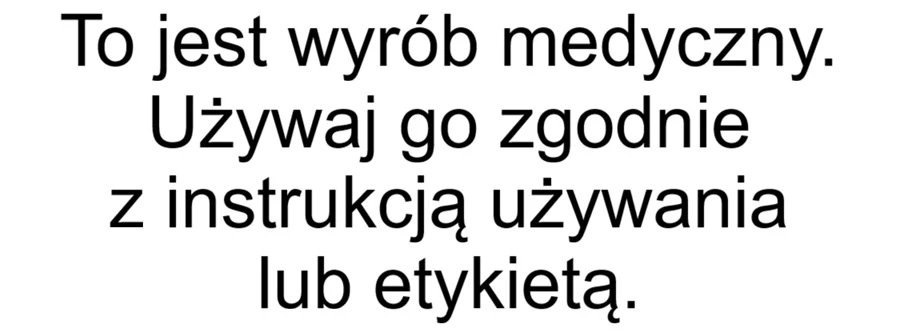 Czarny tekst informacyjny o konieczności stosowania wyrobu medycznego zgodnie z instrukcją lub etykietą na białym tle.
