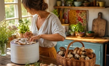 Kobieta układa plastry borowików na tackach białej suszarki do grzybów, obok kosz świeżych grzybów z lasu 