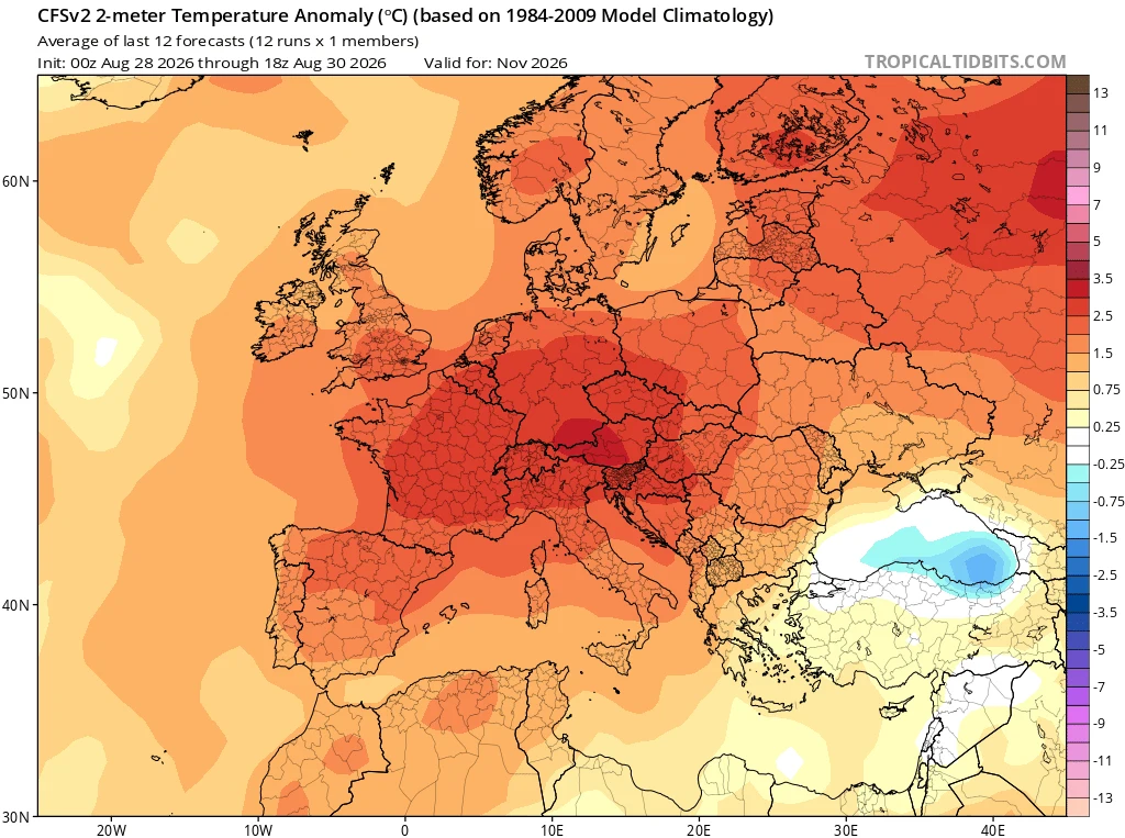 Mapa Europy z intensywnym, czerwonym zabarwieniem sugerującym znaczny wzrost anomalii temperatury, szczególnie nad środkową i północno-wschodnią częścią kontynentu, z wyraźnie zaznaczonymi granicami krajów i skalą kolorystyczną obrazującą odchylenia od...