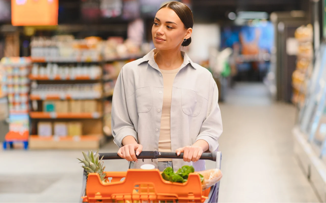 Zapomnij o pamiątkach. Turyści przywożą z wakacji coś zupełnie innego Kobieta prowadzi wózek sklepowy wypełniony świeżymi warzywami i owocami w supermarkecie.