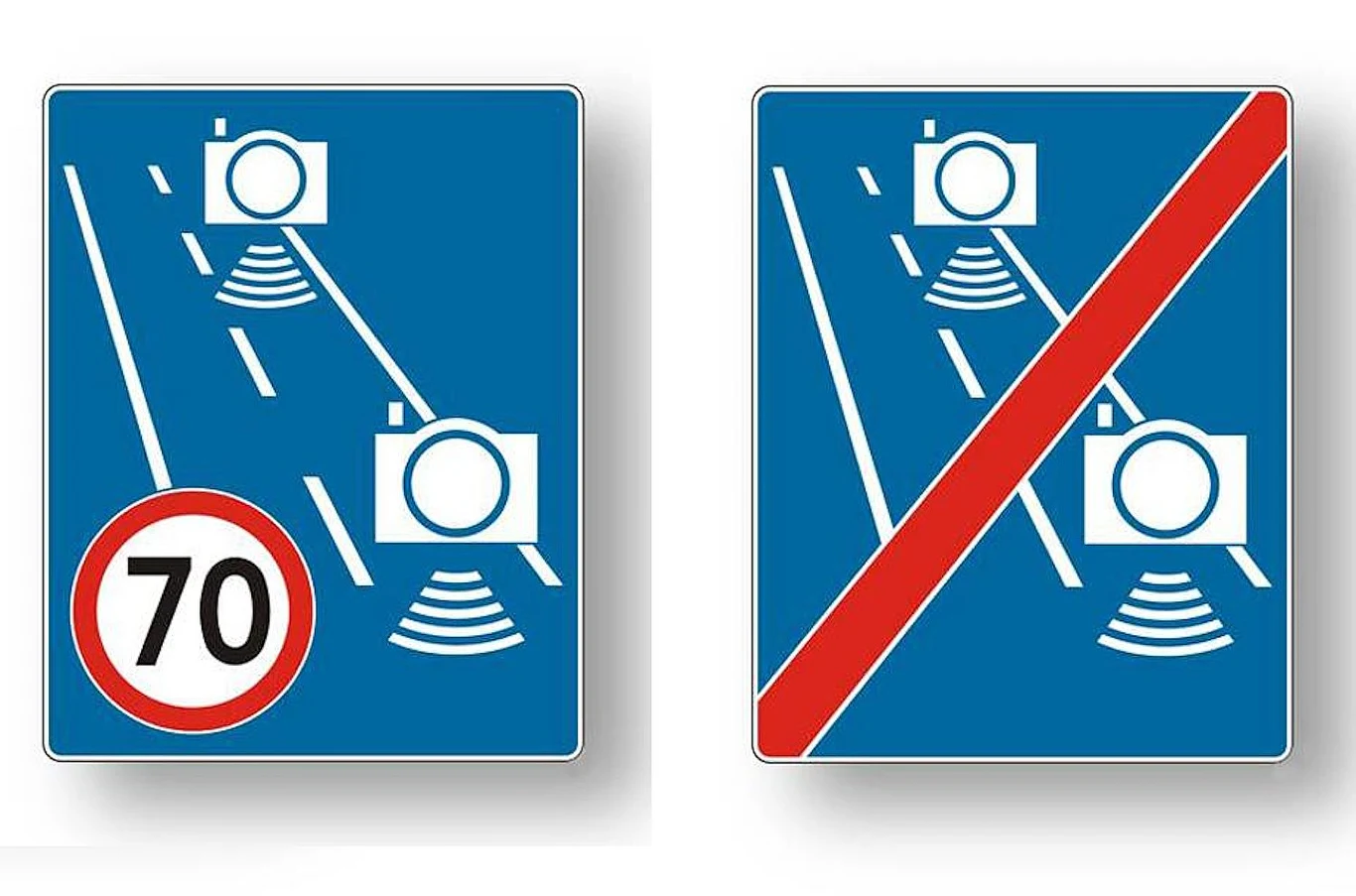 Znak informujący o odcinkowym pomiarze prędkości na dwóch pasach ruchu z limitem 70 km/h oraz znak oznaczający zakończenie odcinkowego pomiaru prędkości.